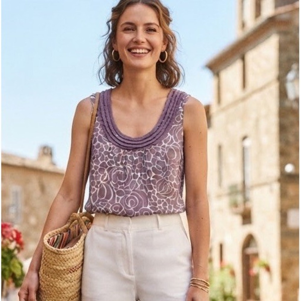 BODEN Sleeveless Tank Top Cotton Poplin Purple Floral Size 6 US Classic Casual